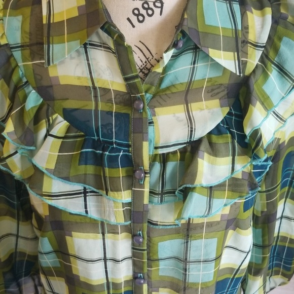 DONATING 2/1 KENSIE 100% SILK PRINT BUTTON BLOUSE. - Picture 2 of 8